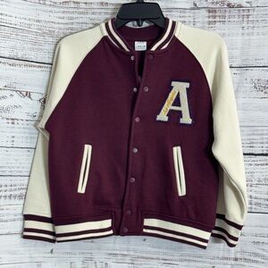 Zara Boys Varsity Jacket Size 9-10 snap front Burgundy Cream pockets embroidered